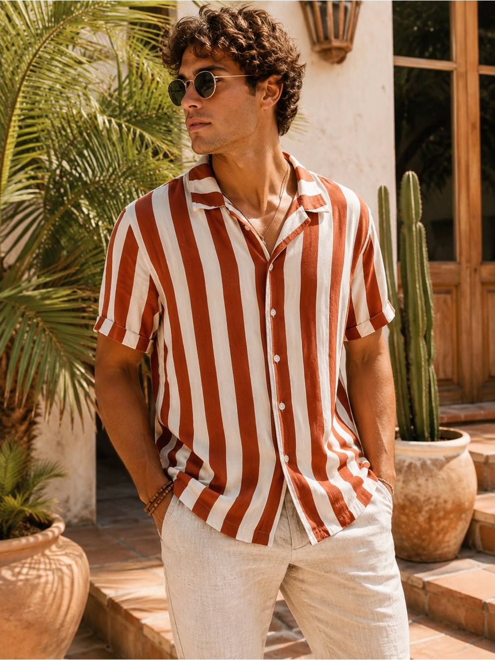 PacSun Men’s Medium Rust Cream Striped Short Sleeve Button Up Shirt 100% Viscose
